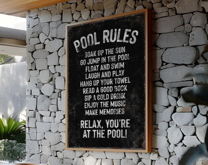 Pool Rules Sign — Retro Black Vintage Poolside Wall Decor