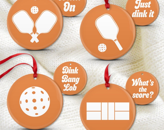 Set of 4 Pickleball Ornaments, Ceramic Porcelain, Unique Pickleball Gift for Pickleball Lovers, Metal Christmas Pickleball Ornament • 04, 08