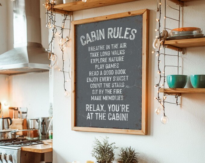 Cabin Rules Sign, Slate Gray Modern Lodge Wall Art, Cozy Home Decor