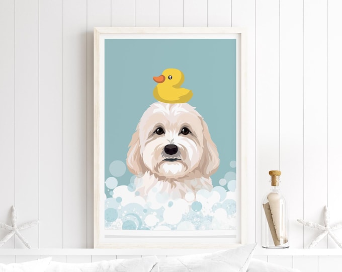 Goldendoodle Dog Bathroom Art, Bubble Bath Fun (Framed or Unframed)