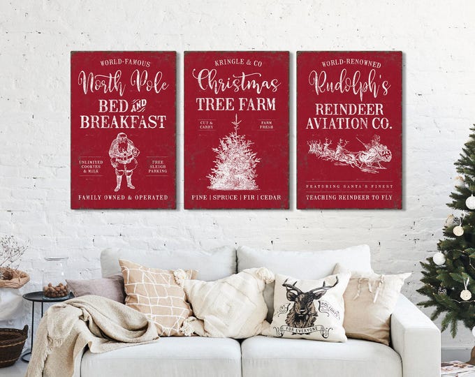 Christmas Triptych Wall Art, Vintage Farmhouse Scenes (Set of 3)