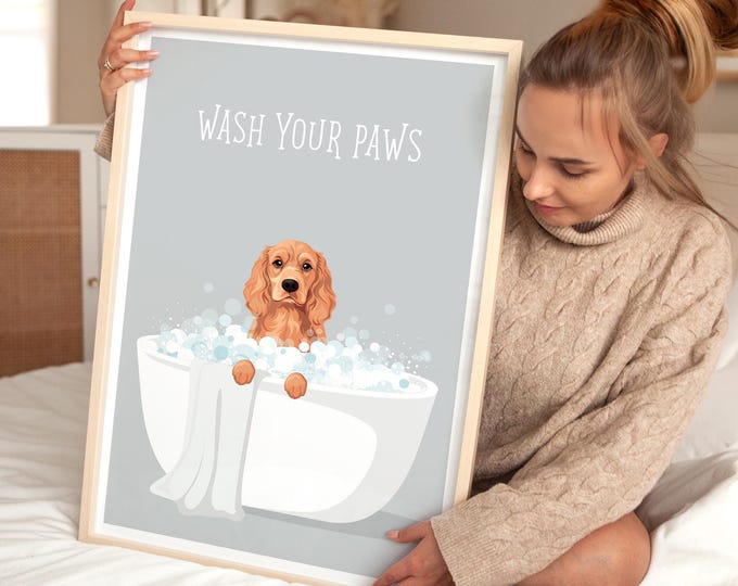 Cocker Spaniel Art, Bubble Bath Poster, Funny Bathroom Art, Playful Dog Wall Print, Minimalist Gray Farmhouse Decor, Pet Lover Gift