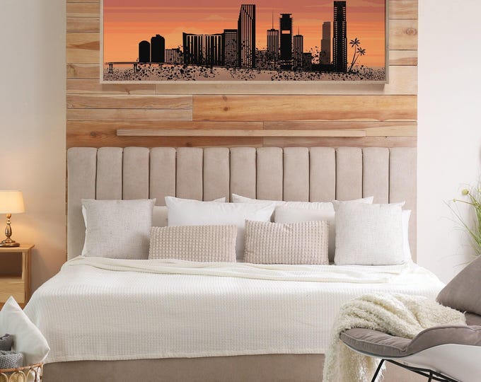 Warm Wall Decor, Miami Skyline at Sunset, Coral and Black City Print