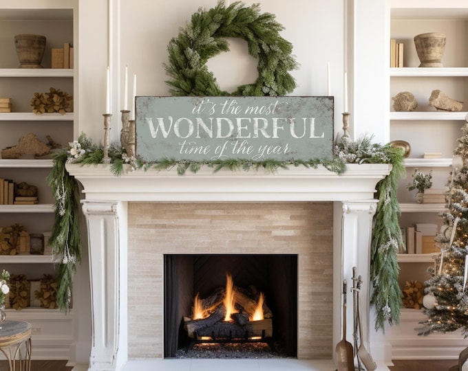 Sage Green Holiday Wall Art for Neutral Christmas Decor, It's the Most Wonderful Time of the Year Sign, Festive Holiday Home Decor