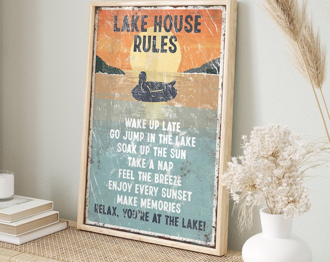 Lake House Rules Sign: Sunset Glow, Retro Tubing - Rustic Wall Art