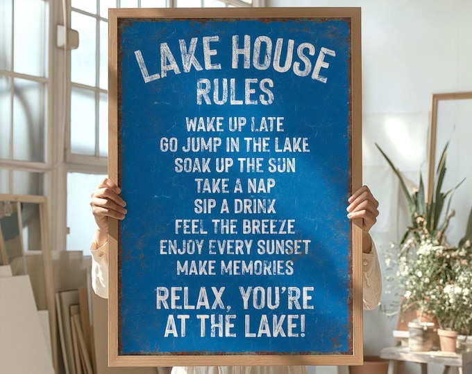LAKE HOUSE RULES Sign, Ocean Blue, Coastal Lake House Decor, Fun Lake Home Canvas Print, Gift for Lake Lover, Lake Wall Decor in Ocean Blue
