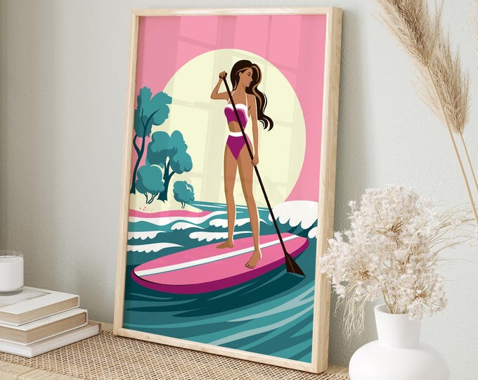 Teal Lake Sign, Pink Sky Paddleboarding Wall Art, Woman on the Water, Gift for Her