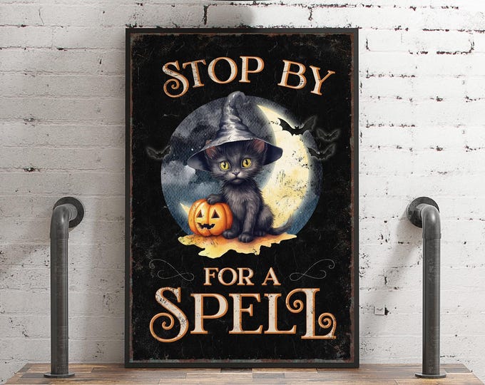 Halloween Cat Sign: Cute Witch Design (Natural or Espresso Wood Frame)
