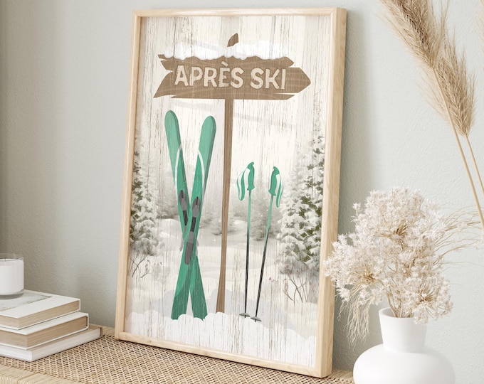 Rustic Chalet Art, Ski Decor Gift, Faux Wood, Vintage Ski Sign, Winter Scene Canvas, Retro Lodge Poster, Mint Green Wall Decor