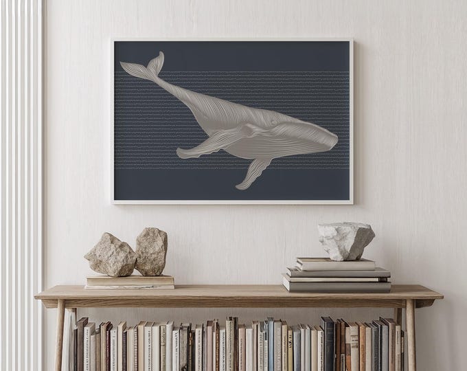 Blue Gray Whale Wall Art, Navy Ocean Print with Dashed Current Lines, Coastal Landscape Canvas