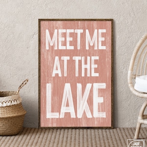 Retro Meet Me at the Lake Sign in Coral, Vintage Lake Canvas Print for Lake Home Decor, Unique Lake Gift for Mothers Day, Gift for Lake Mom