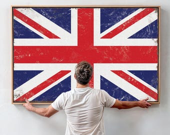 Union Jack Wall Art, Wide British Flag Man Cave Sign, Rustic Distressed UK Flag Decor