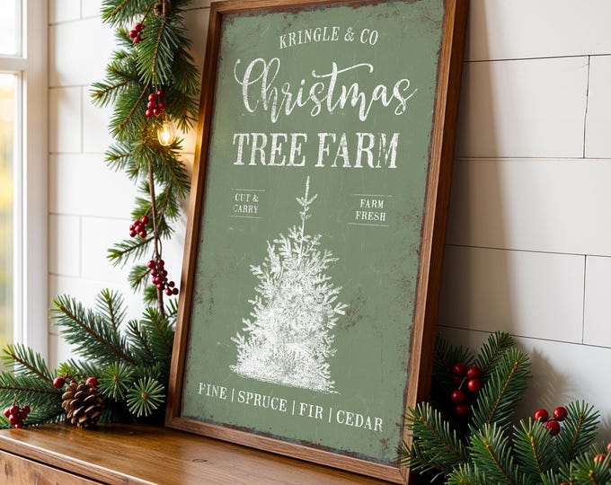Farmhouse Christmas Sign, Distressed Wood, Green Tree (Multiple Sizes)