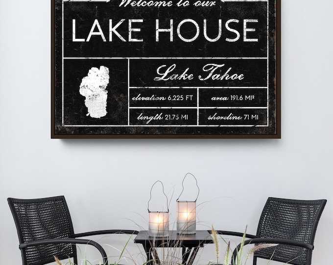 Welcome to our LAKE HOUSE sign, vintage Lake Tahoe canvas for above couch, extra large framed modern farmhouse decor wall art, lake decor