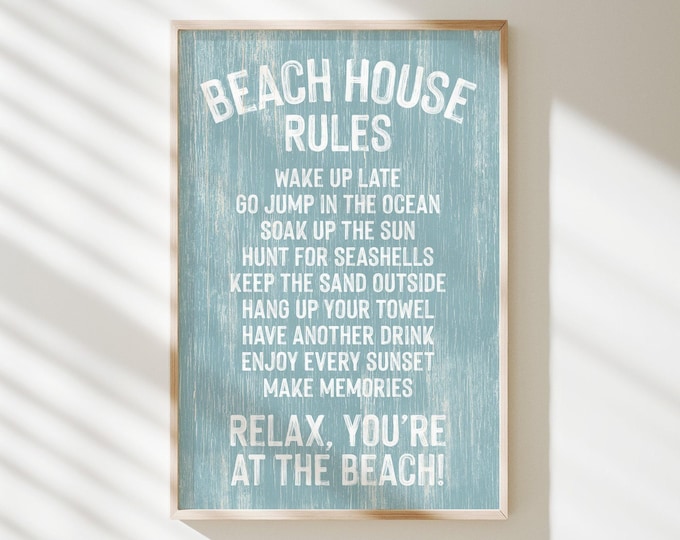 Vintage Beach House Rules Sign - Light Blue Coastal Decor