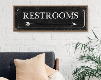 Vintage Bathroom Arrow Sign, Antique Arrow Pointing Right, Directional Bath Sign, Black Faux Rusty Edge Canvas or Aluminum Print