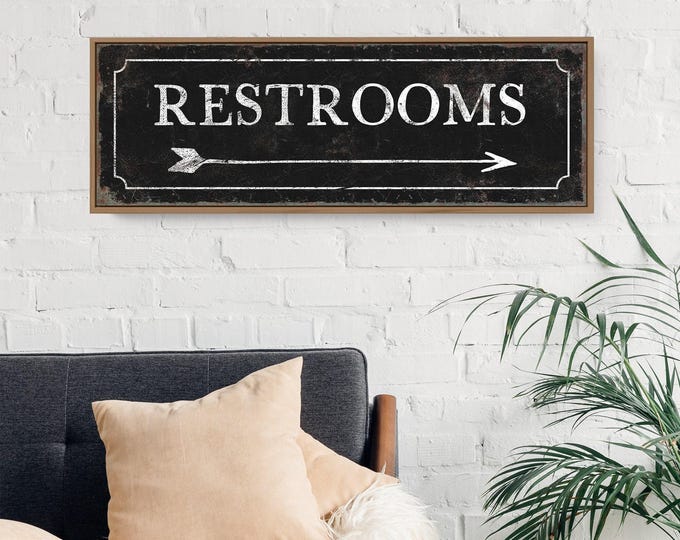 Vintage Bathroom Arrow Sign, Antique Arrow Pointing Right, Directional Bath Sign, Black Faux Rusty Edge Canvas or Aluminum Print