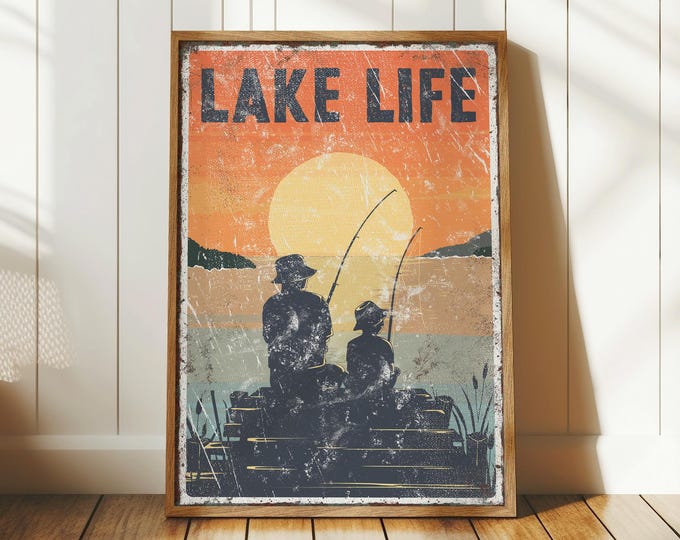 Father and Son Fishing Sign: Vintage Lake Life (Canvas or Aluminum)