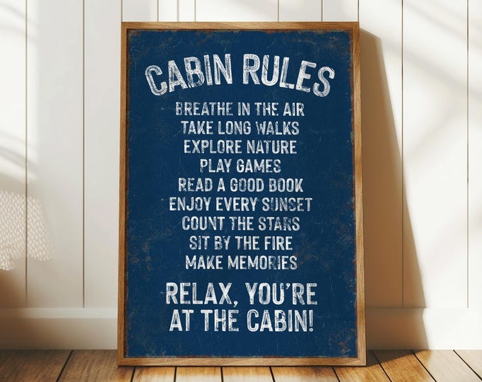 Cabin Rules Sign, Rustic Cabin Wall Art, Vintage Mountain Chalet Decor