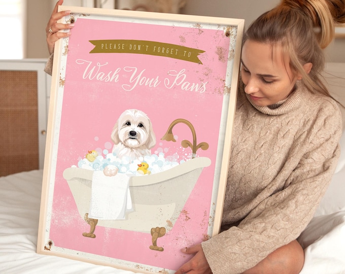Bathroom Wall Art: Wash Your Paws, Goldendoodle - Fun Bubble Bath Decor