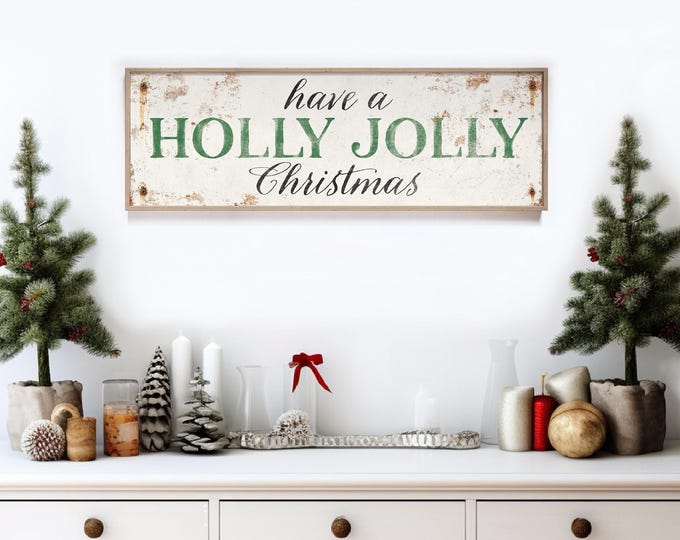 Holiday Wall Accent, Holly Jolly Christmas Carol Sign Lettered in Pine on Ivory Cream