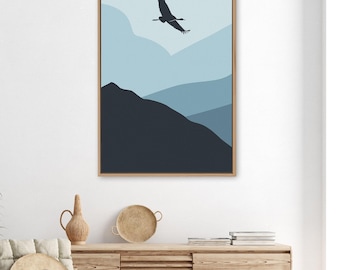 Abstract Bird Wall Art - Ombre Blue Mountains and Clouds Canvas