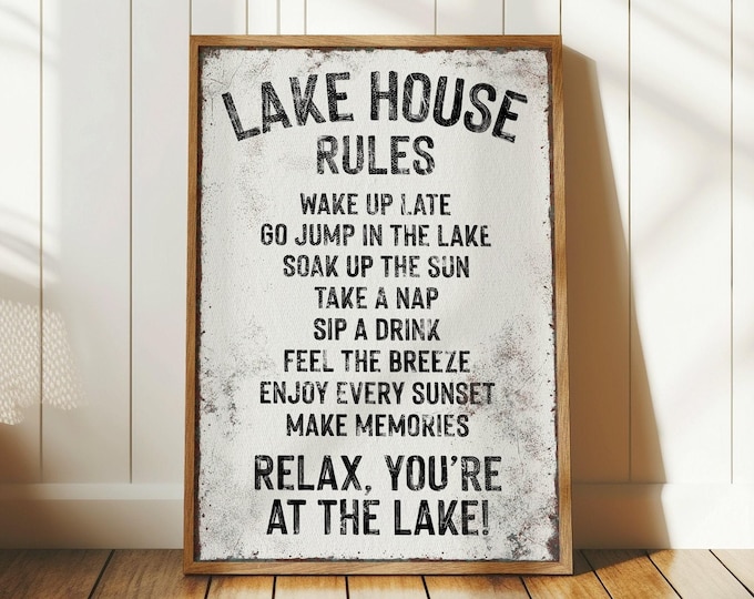Vintage "LAKE HOUSE RULES" Sign, White and Black Lake Canvas, Coastal Lakehouse Decor, Lake Gift for Her, Distressed Vacation Rental Decor