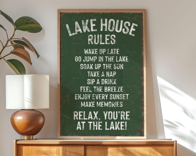 Rustic Vintage Print, Forest Green Lake House Rules Wall Art in Cream, Cabin Gift