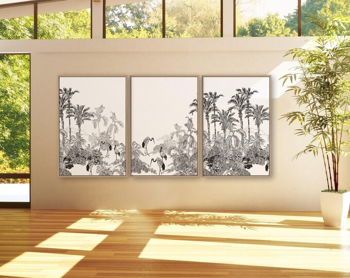 Tropical Panorama Triptych Wall Art, Modern Farmhouse Framed Canvas Set