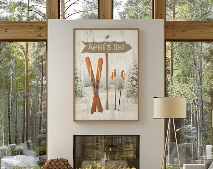 Warm Rustic Home Art, Après Ski, Winter Gift for Dad, Nostalgic Winter Art, Snowy Scene