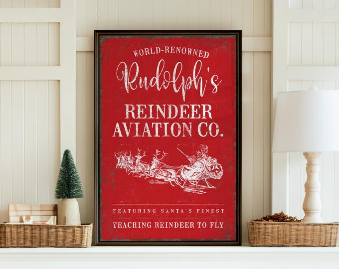 Rudolph's Reindeer Aviation Co. Santa Sleigh Art, Line Drawing on Barn Red