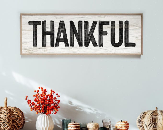 Cozy Fall Gift, Thankful Cream Sign, Black Weathered Wall Art