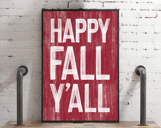 Autumn Home Print, Happy Fall Yall Sign, Cranberry Red Weathered Wall Art