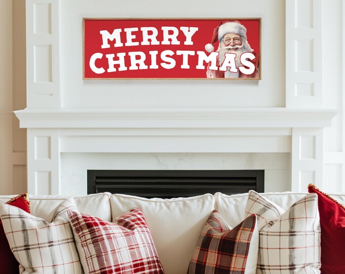 Red Merry Christmas Sign With Santa Claus, Oversized Christmas Canvas Wall Art for Seasonal Decor, Happy Smiling Santa Holiday Art Print