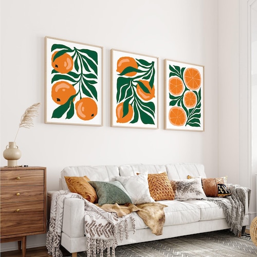Orange Triptych Wall Art, Modern Farmhouse Citrus Canvas Set, Warm