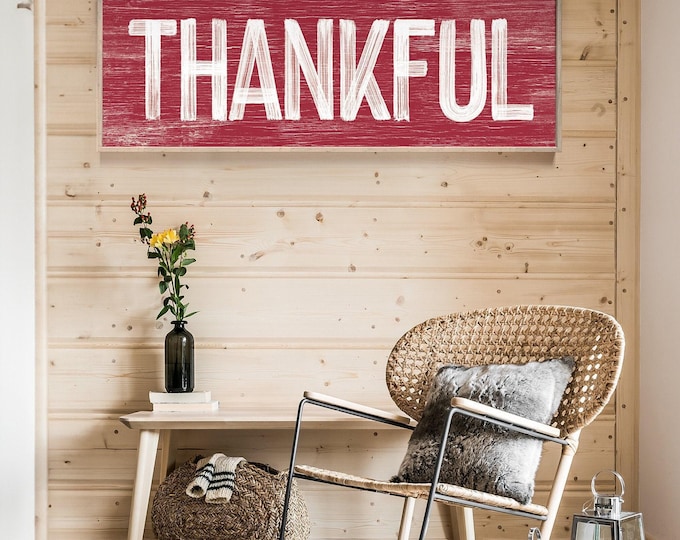 Thankful Wall Art, Thanksgiving Sign, Fall Wall Decor, Vintage Farmhouse Plaque, Seasonal Harvest Decoration, Long Horizontal Display
