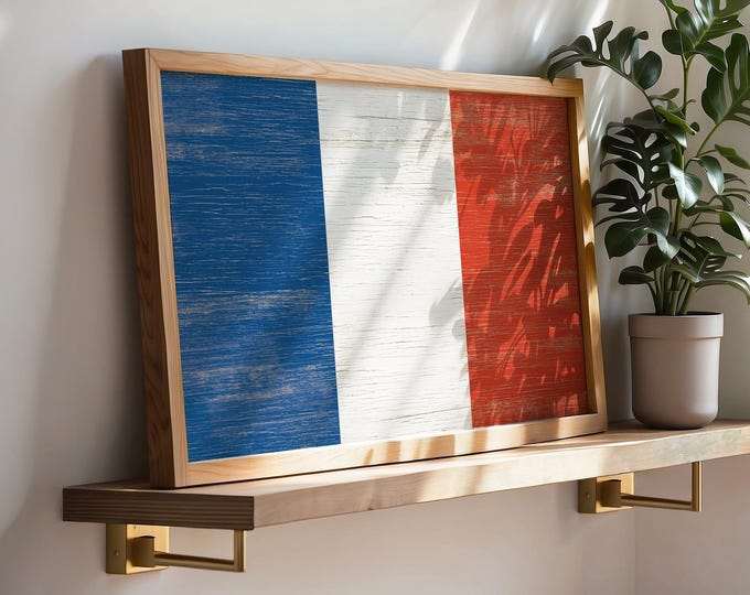 French Flag Print Framed, Blue White and Red Rustic Farmhouse Wall Art