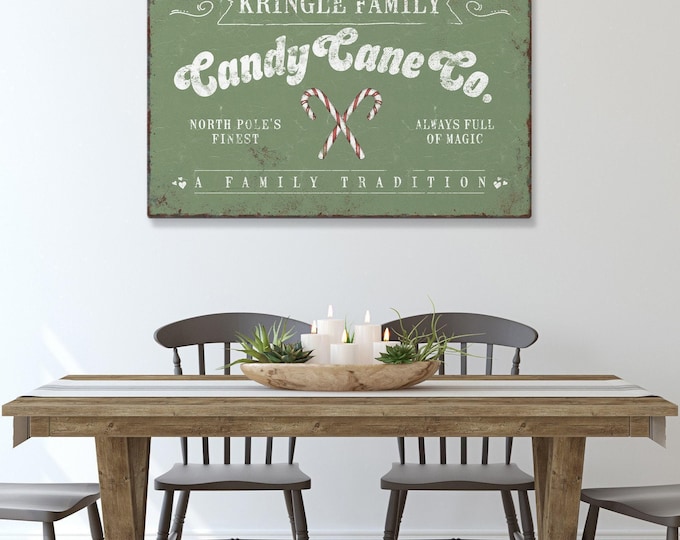 Kringle Family Candy Cane Sign - Seagrass Green, Rustic Holiday Decor