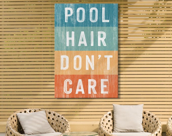Pool Sign, Pool Hair Dont Care in Retro Color Bands, Vintage Poolside Wall Decor