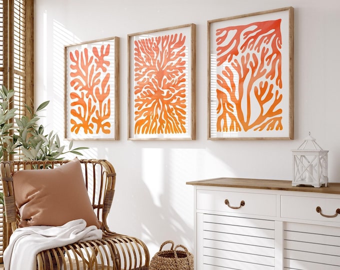 Modern farmhouse ocean art, terracotta coral triptych, set of three framed panels in orange on white