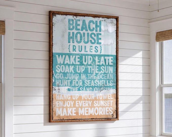 Beach Rules Sign, Aqua Tan Vintage Tropical Coastal Wall Art, Shore Lover Gift