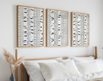 White Birch Tree Triptych, Panoramic Nature-Inspired Prints, Neutral Wall Art Set of 3 Signs, Black and White Abstract Art, Birch 12+13+14