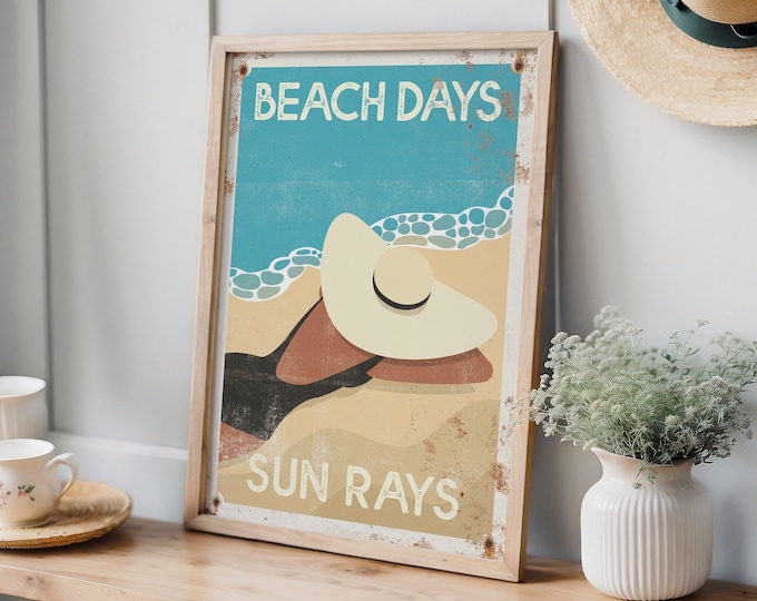 Retro “Beach Days, Sun Rays” Sign, Large Vintage Poster, Woman Tanning in Large Sun Hat, Canvas Print for Home Decor, Outdoor Aluminum Art