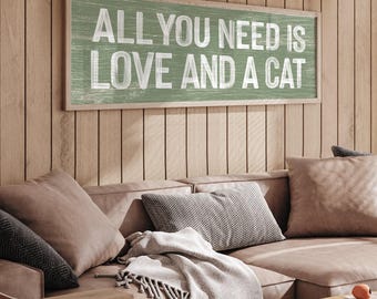 Love And A Cat Sign, Boho Wall Art, Rustic Maple Frame, Cozy Kitty Decor, Feline Inspired Gift, Farmhouse Charm