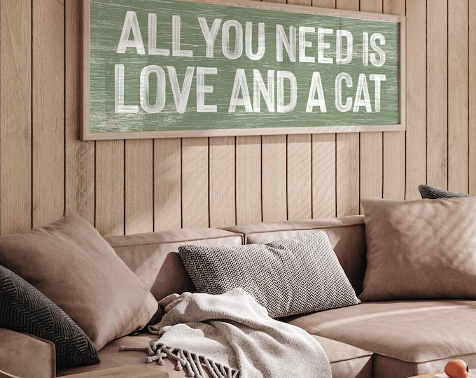 Love And A Cat Sign, Boho Wall Art, Rustic Maple Frame, Cozy Kitty Decor, Feline Inspired Gift, Farmhouse Charm