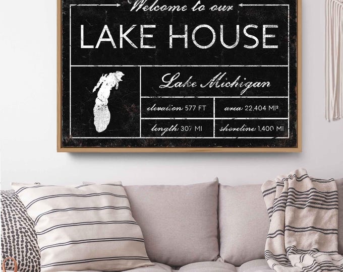 Abstract Art, Welcome to Our Lake House Michigan, Black and White Wall Sign