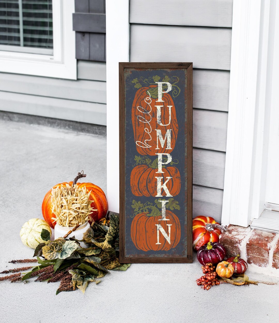 "Hello Fall" Wood Block Sign - 5x5 Inch Rustic Pumpkin & Leaf Decor For Home, Desk, Or Table