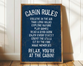 Navy "CABIN RULES" Sign for Ski Lodge, Nautical Navy Blue Cabin Decor, Humorous Nature Rules, Funny Gift, Vintage Mountain Chalet Wall Art