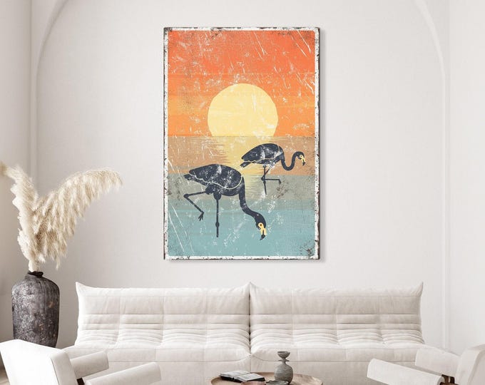Retro Flamingos Wall Art - Beach Sunset, Modern Farmhouse Style