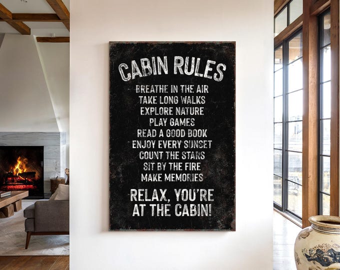 Cabin Home Sign, Black Cabin Sign, Charcoal Cabin Rules Wall Art, Black and White Sign